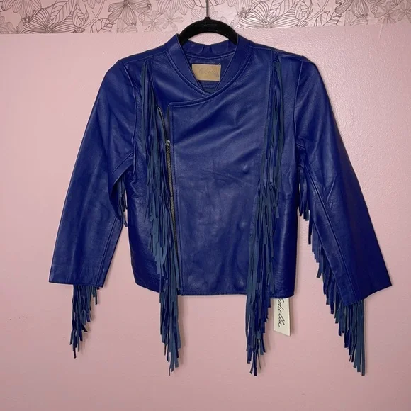 Free People Cleobella Cowgirl Sheep Leather Jacket Navy Rare - Picture 4 of 13